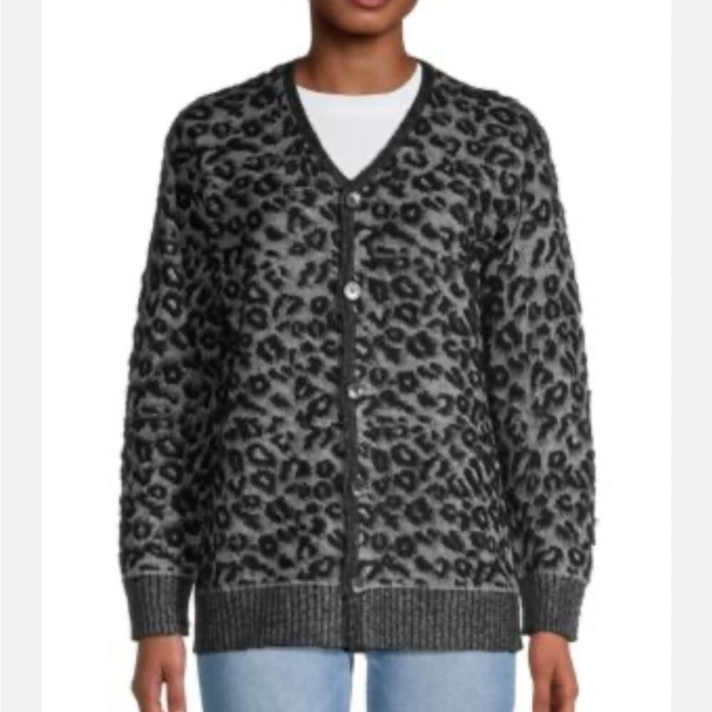 La Vie by‎ Rebecca Taylor Wool Mohair Furry Leopard Print Gray Black Cardigan